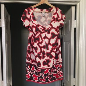 Diane Von Furstenberg Red and Brown Geometric Silk Dress | 12